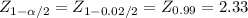 Z_{1-\alpha /2}= Z_{1-0.02/2}= Z_{0.99}= 2.33