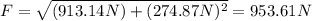 F=\sqrt{(913.14N)+(274.87N)^2}=953.61N