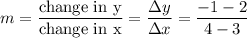 $m=\frac{\text{change in y}}{\text{change in x}}=\frac{\Delta y}{\Delta x}=\frac{-1-2}{4-3}   $