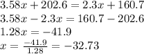3.58x+202.6=2.3x+160.7\\3.58x-2.3x=160.7-202.6\\1.28x=-41.9\\x=\frac{-41.9}{1.28}=-32.73