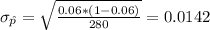 \sigma_{\hat p}= \sqrt{\frac{0.06*(1-0.06)}{280}}= 0.0142