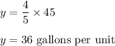 y=\dfrac{4}{5}\times 45\\\\y=36\ \text{gallons per unit}