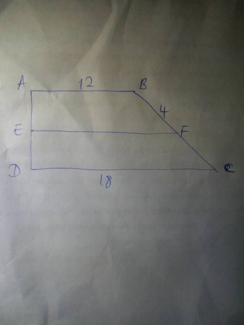 EF is a median of trapezoid ABCD. The length of AB is 12, and the length of CD is 18. The length of