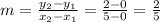 m=\frac{y_{2} -y_{1} }{x_{2} -x_{1} } =\frac{2-0}{5-0}=\frac{2}{5}