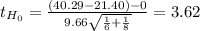 t_{H_0}= \frac{(40.29-21.40)-0}{9.66\sqrt{\frac{1}{6} +\frac{1}{8} } } = 3.62