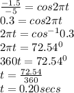 \frac{-1.5}{-5} = cos2\pi t\\0.3 = cos2\pi t\\2\pi t=cos^{-1} 0.3\\2\pi t = 72.54^{0} \\360t = 72.54^{0} \\t = \frac{72.54}{360} \\t = 0.20secs