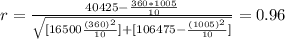 r= \frac{40425-\frac{360*1005}{10} }{\sqrt{[16500\frac{(360)^2}{10} ]+[106475-\frac{(1005)^2}{10}] } }= 0.96