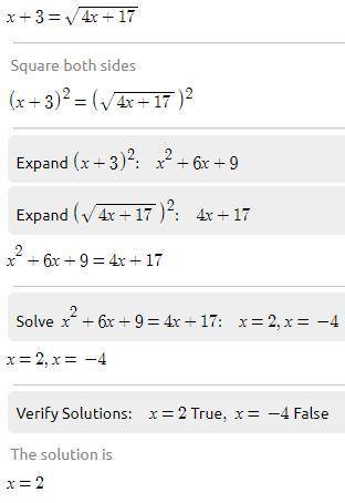 Solve for x.
x + 3 = Sqrt 4x+17