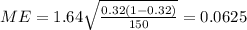 ME = 1.64 \sqrt{\frac{0.32 (1-0.32)}{150}}= 0.0625