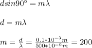 dsin90\°=m\lambda\\\\d=m\lambda\\\\m=\frac{d}{\lambda}=\frac{0.1*10^{-3}m}{500*10^{-9}m}=200