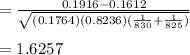 =\frac{0.1916-0.1612}{\sqrt{(0.1764)(0.8236)(\frac{1}{830} +\frac{1}{825} )} } \\\\=1.6257