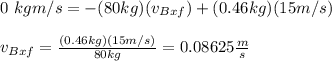 0\ kgm/s=-(80kg)(v_{Bxf})+(0.46kg)(15m/s)\\\\v_{Bxf}=\frac{(0.46kg)(15m/s)}{80kg}=0.08625\frac{m}{s}