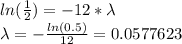 ln(\frac{1}{2}) = -12*\lambda\\\lambda = -\frac{ln(0.5)}{12} =0.0577623
