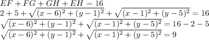 EF+FG+GH+EH=16\\2+5+\sqrt{(x-6)^2+(y-1)^2}+\sqrt{(x-1)^2+(y-5)^2}=16\\\sqrt{(x-6)^2+(y-1)^2}+\sqrt{(x-1)^2+(y-5)^2}=16-2-5\\\sqrt{(x-6)^2+(y-1)^2}+\sqrt{(x-1)^2+(y-5)^2}=9