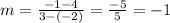 m = \frac{-1-4}{3-(-2)} = \frac{-5}{5} =-1