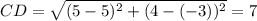 CD=\sqrt{(5-5)^2+(4-(-3))^2}=7