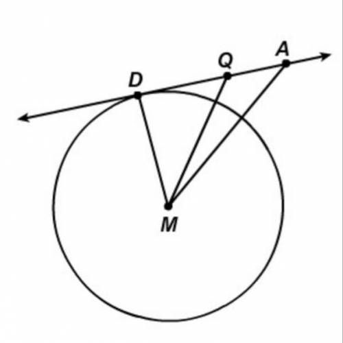 AD←→ is tangent to circle M at point D. The measure of ∠DMQ is 58º.

What is the measure of ∠DQM ?