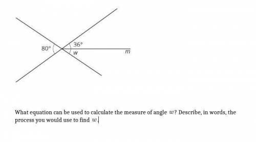 36°

I
80°
w
m
What equation can be used to calculate the measure of angle ? Describe, in words, the