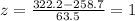 z = \frac{322.2 -258.7}{63.5}= 1