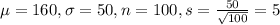 \mu = 160, \sigma = 50, n = 100, s = \frac{50}{\sqrt{100}} = 5