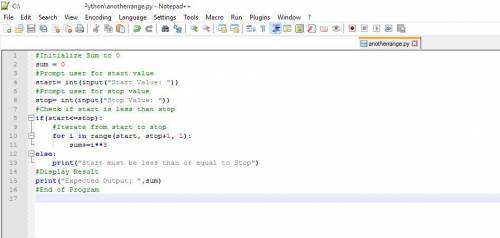 Write a program that reads integers start and stop from the user, then calculates and prints the sum