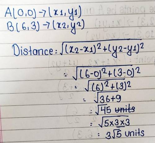 If A= (0,0) and B= (6,3) what is the length of AB