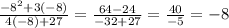 \frac{-8^{2}+3(-8) }{4(-8)+27} = \frac{64-24}{-32+27} = \frac{40}{-5} = -8