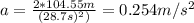a = \frac{2*104.55m}{(28.7s)^2)}= 0.254 m/s^2