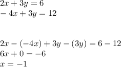 2x+3y=6\\-4x+3y=12\\\\ \\2x-(-4x)+3y-(3y)=6-12\\6x+0=-6\\x=-1