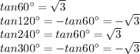tan 60^{\circ}=\sqrt{3} \\tan 120^{\circ}=-tan 60^{\circ}=-\sqrt{3}\\tan 240^{\circ}=tan 60^{\circ}=\sqrt{3}\\tan 300^{\circ}=-tan 60^{\circ}=-\sqrt{3}