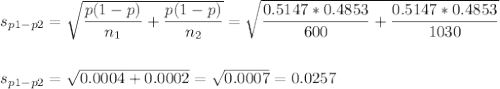 s_{p1-p2}=\sqrt{\dfrac{p(1-p)}{n_1}+\dfrac{p(1-p)}{n_2}}=\sqrt{\dfrac{0.5147*0.4853}{600}+\dfrac{0.5147*0.4853}{1030}}\\\\\\s_{p1-p2}=\sqrt{0.0004+0.0002}=\sqrt{0.0007}=0.0257