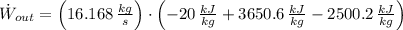 \dot W_{out} = \left(16.168\,\frac{kg}{s} \right)\cdot \left(-20\,\frac{kJ}{kg} + 3650.6\,\frac{kJ}{kg} - 2500.2\,\frac{kJ}{kg}\right)