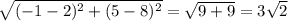 \sqrt{(-1-2)^2+(5-8)^2}=\sqrt{9+9}=3\sqrt{2}