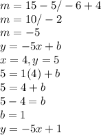 m=15-5/-6+4\\m=10/-2\\m=-5\\y=-5x+b\\x=4, y=5\\5=1(4)+b\\5=4+b\\5-4=b\\b=1\\y=-5x+1