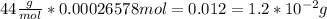 44\frac{g}{mol} *0.00026578 mol =0.012 = 1.2*10^{-2} g