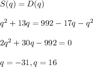 S ( q ) = D ( q )\\\\q^2 + 13q = 992 - 17q - q^2\\\\2q^2 + 30q - 992 = 0\\\\q = -31 , q = 16