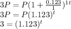 3P = P(1+\frac{0.123}{1})^{1t}\\3P=P(1.123)^t \\3=(1.123)^t\\