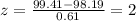 z=\frac{99.41-98.19}{0.61}=2