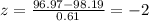 z=\frac{96.97-98.19}{0.61}=-2