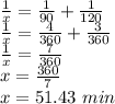 \frac{1}{x} =\frac{1}{90} +\frac{1}{120}\\\frac{1}{x} =\frac{4}{360} +\frac{3}{360}\\\frac{1}{x} =\frac{7}{360} \\x=\frac{360}{7} \\x=51.43\,\,min