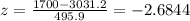z=\frac{1700-3031.2}{495.9}=-2.6844