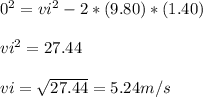 0^2 = vi^2 - 2*( 9.80 )*( 1.40 )\\\\vi^2 = 27.44\\\\vi = \sqrt{27.44} = 5.24 m/s