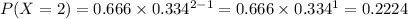 P(X = 2) = 0.666 \times 0.334^{2 - 1} = 0.666 \times 0.334^{1} = 0.2224