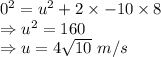 0^{2}   =u^{2} +2 \times -10 \times 8\\\Rightarrow u^{2} = 160\\\Rightarrow u = 4 \sqrt{10}\ m/s