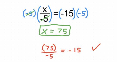 What is the solution to this equation?

х/-5= 15
A. X = 3
B. X= -3
C. X= 75
D. x= -75