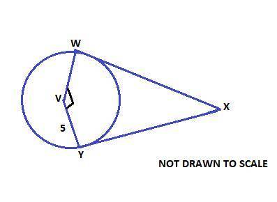 Circle V is shown. Line segments Y V and W V are radii. Tangents Y X and W X intersect at point X ou