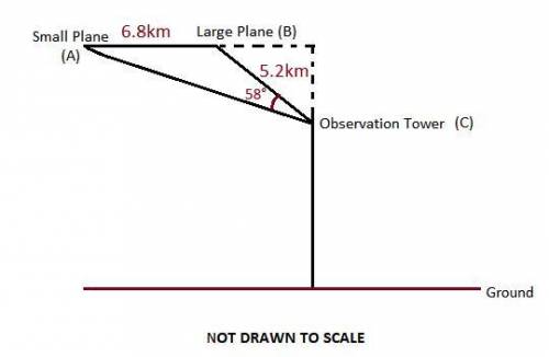 A small plane and a large plane are 6.8km from each other, at the same altitude (height). From an ob