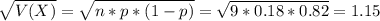 \sqrt{V(X)} = \sqrt{n*p*(1-p)} = \sqrt{9*0.18*0.82} = 1.15