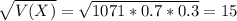 \sqrt{V(X)} = \sqrt{1071*0.7*0.3} = 15