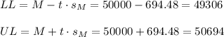 LL=M-t \cdot s_M = 50000-694.48=49306\\\\UL=M+t \cdot s_M = 50000+694.48=50694